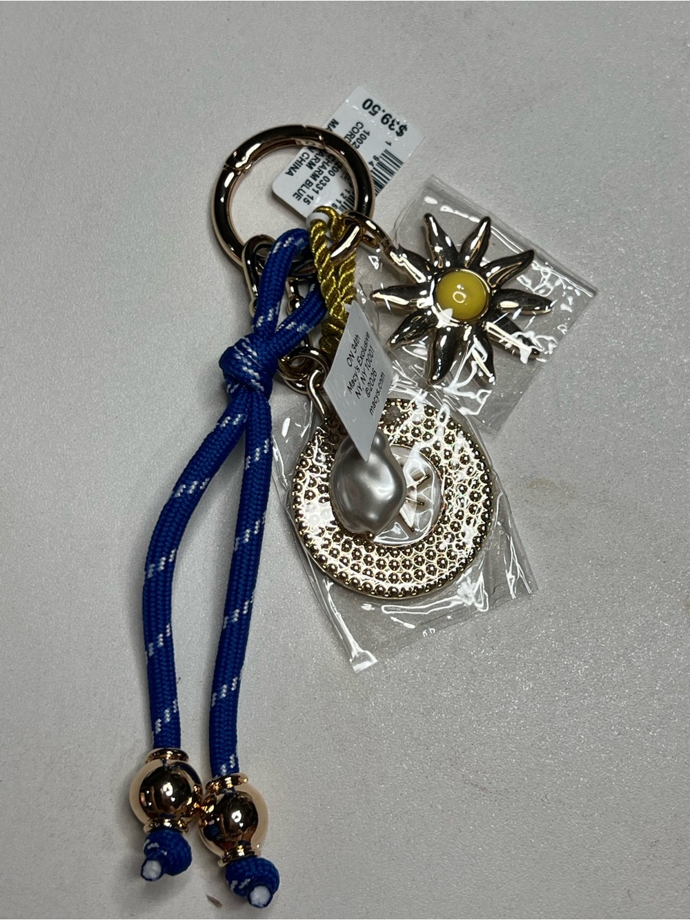 Macy's Blue Cord Charm Keyring with Gold-Tone Sun & Coin Accents